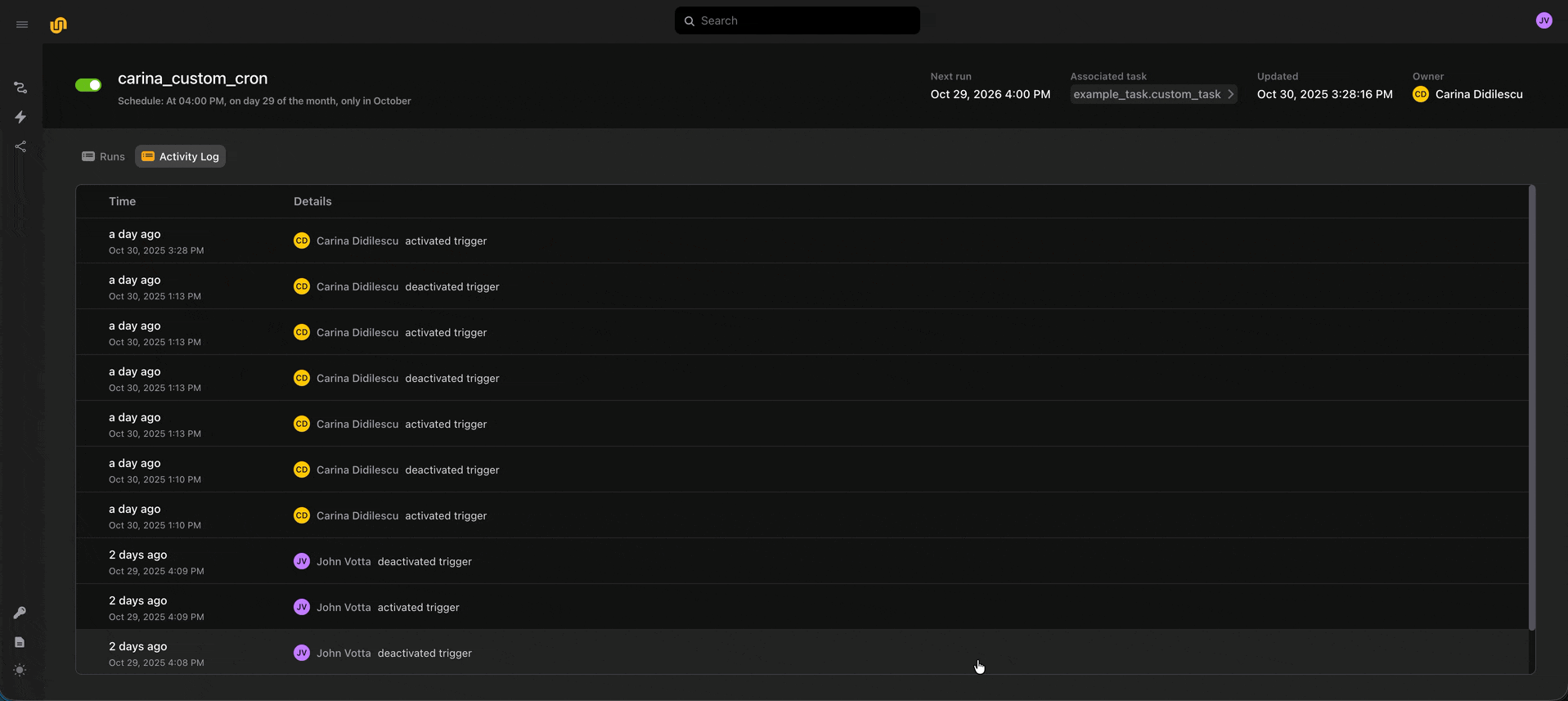 Triggers Activity Log